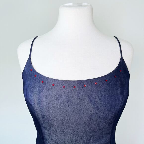 Vintage 90s Denim Mini Dress Blue Navy Bodycon Sheath // Size Medium 8 - Picture 2 of 8